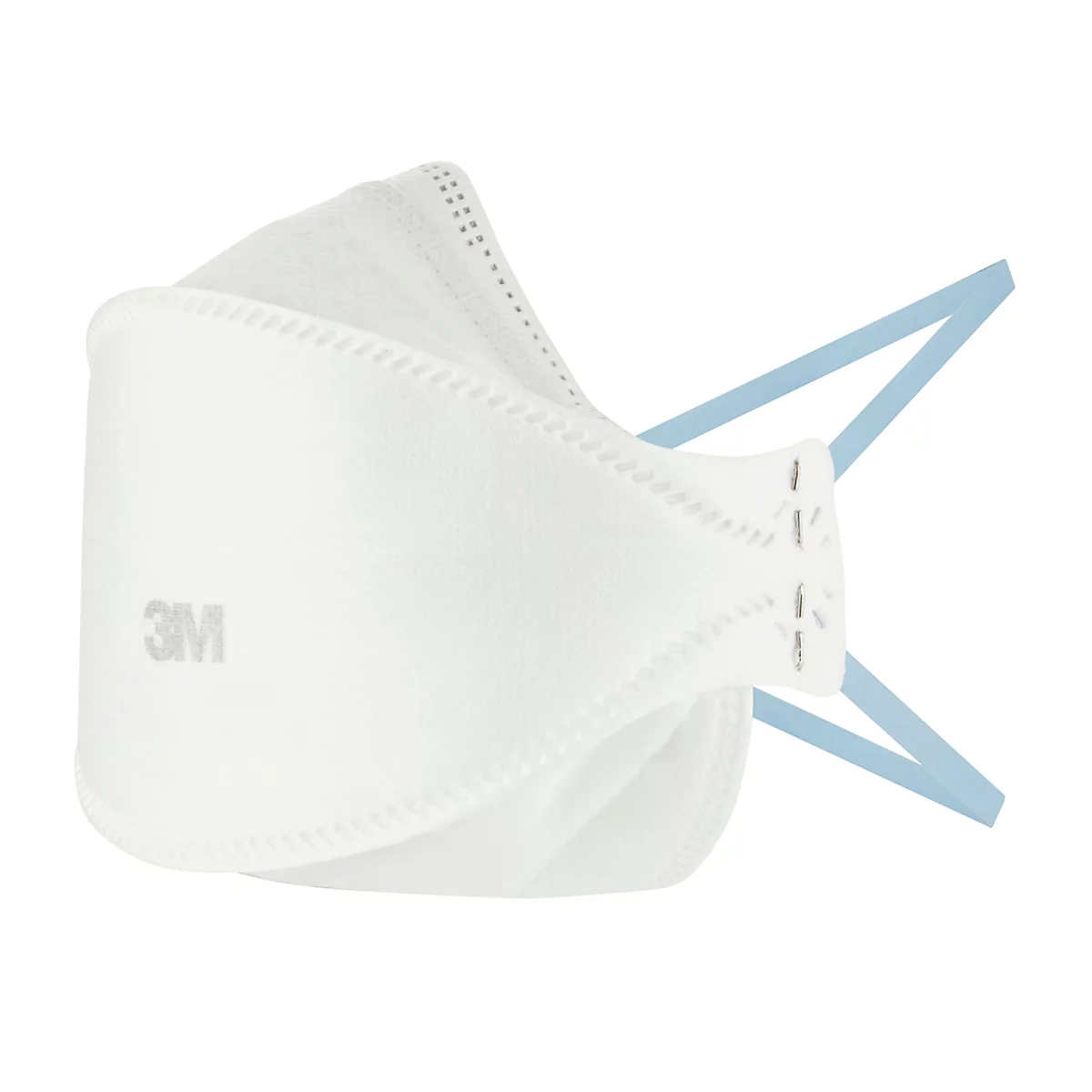Masque respiratoire blanc, intérieur beige, avec des rayures bleues et des attaches.