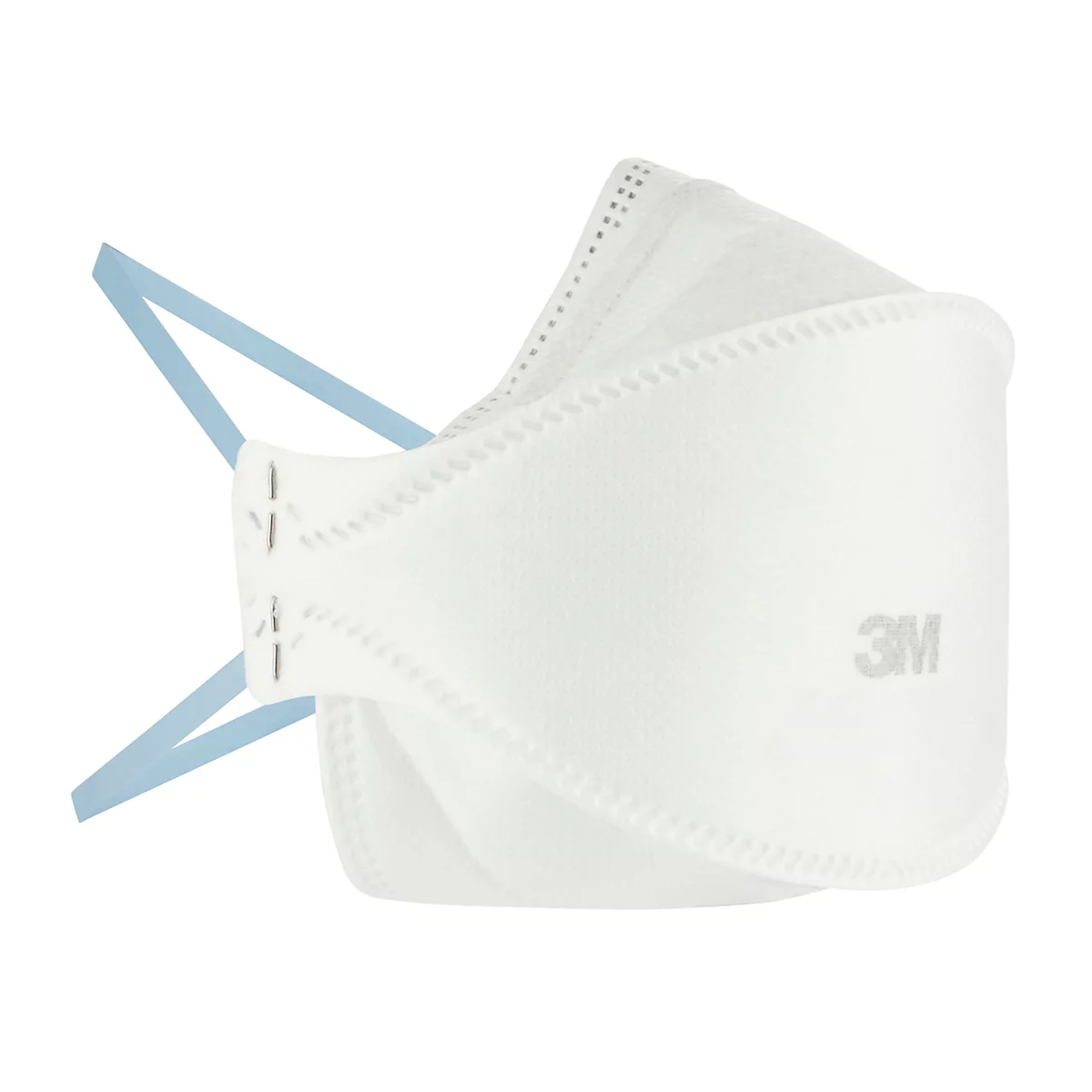 Masque respiratoire 3M Aura blanc sur emballage, un homme avec un masque à droite. Texte : FFP2, filtration des particules à 94 %.
