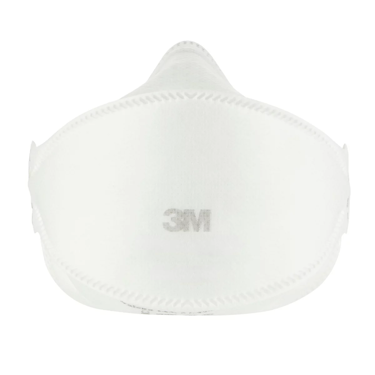 Masque respiratoire blanc 3M. Le masque a une forme inhabituelle avec une pointe sur le bord supérieur et des fixations latérales pour les oreilles.