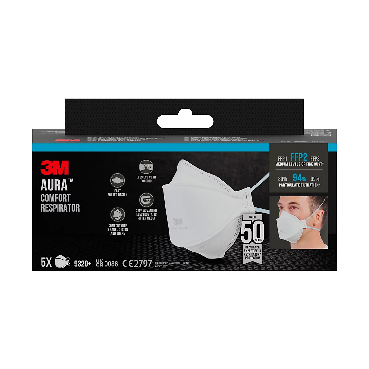 Boîte de 5 respirateurs 3M Aura blancs. Un masque est présenté devant la boîte. Texte : FFP2, filtration des particules à 94 %.