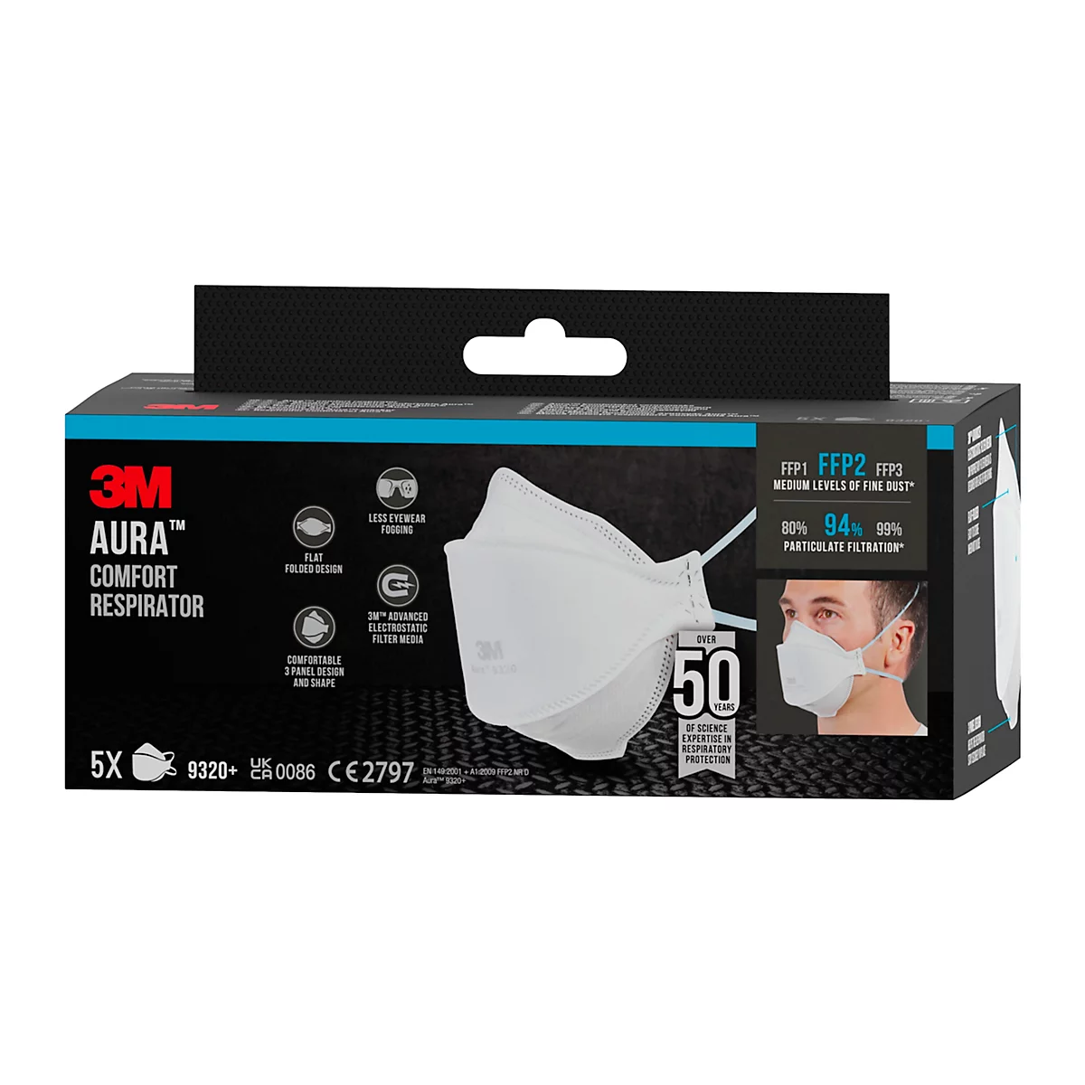 Masque respiratoire blanc avec des sangles bleues. Le logo 3M est visible sur le masque.