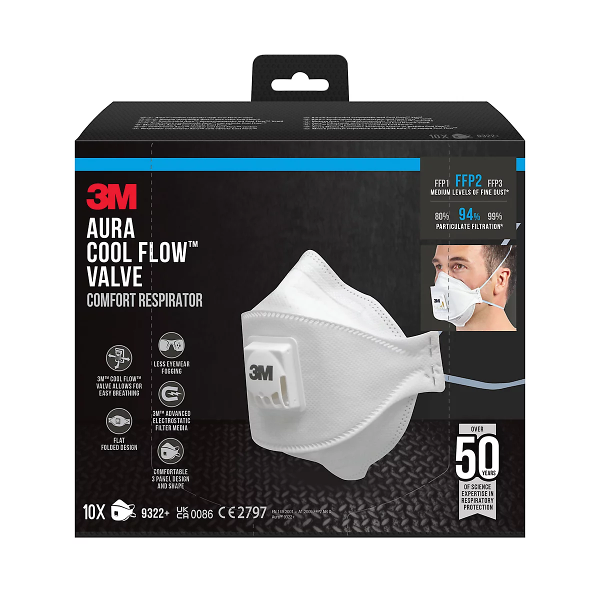 Emballage noir avec un masque respiratoire blanc. L'emballage contient des informations sur le produit et le logo 3M.