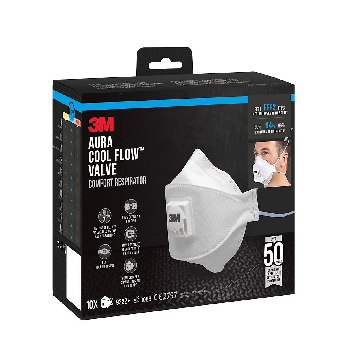 Masque respiratoire blanc 3M Aura 9322+ ; valve avec logo.