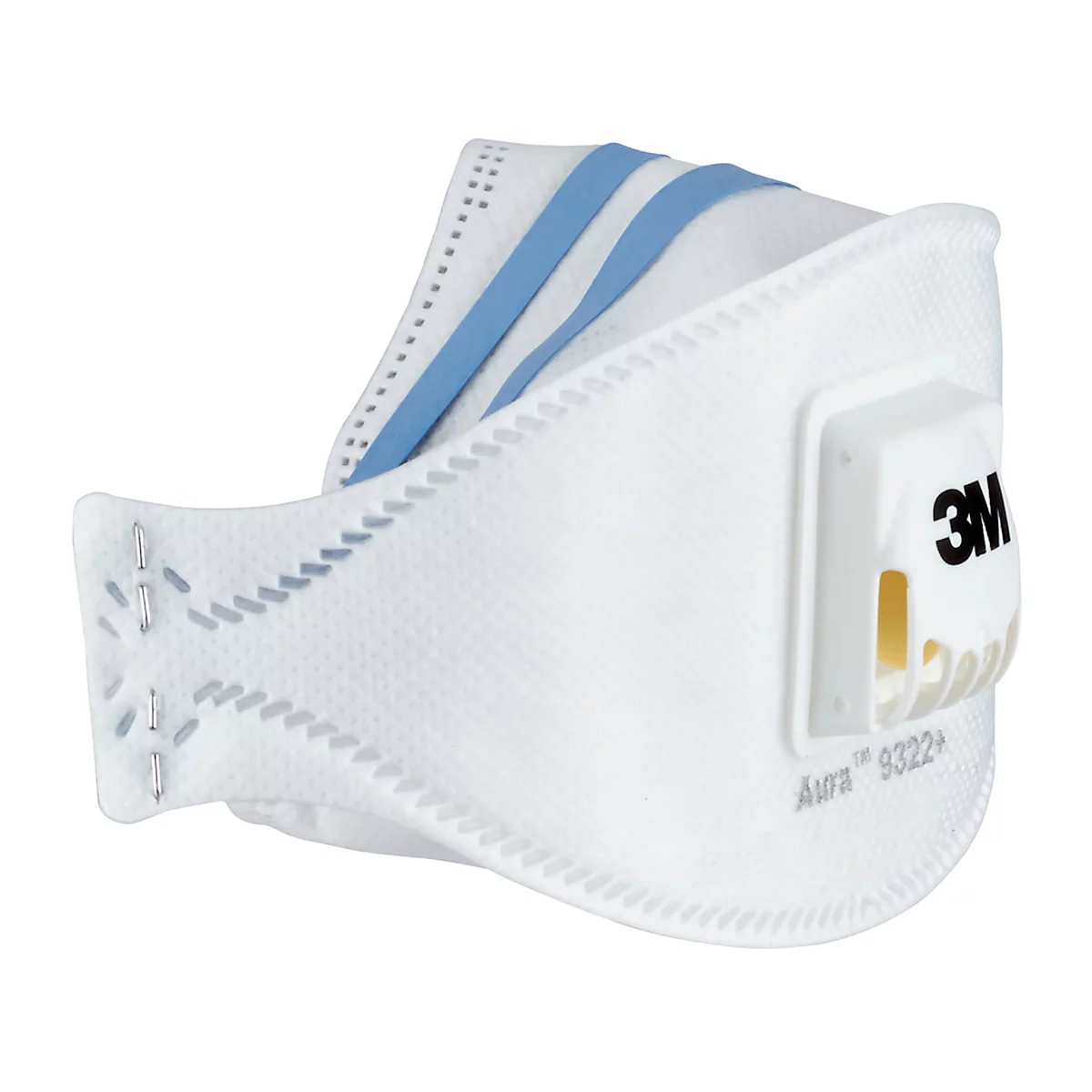 Gros plan d'un boîtier de filtre blanc avec le logo 3M noir. En dessous, il est écrit 'Aura™ 9322+'.