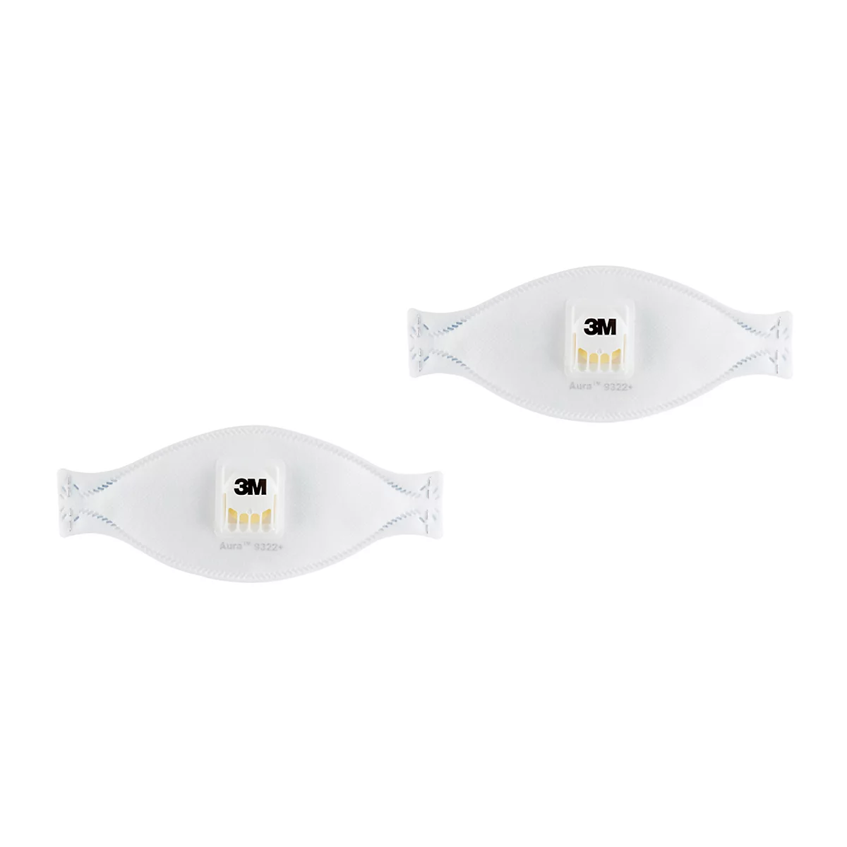 Masque respiratoire blanc avec sangles bleues et valve filtrante jaune.