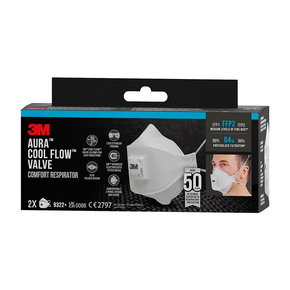 Masque respiratoire blanc 3M Aura 9322+ avec des lanières bleues. Le logo 3M est sur le côté.