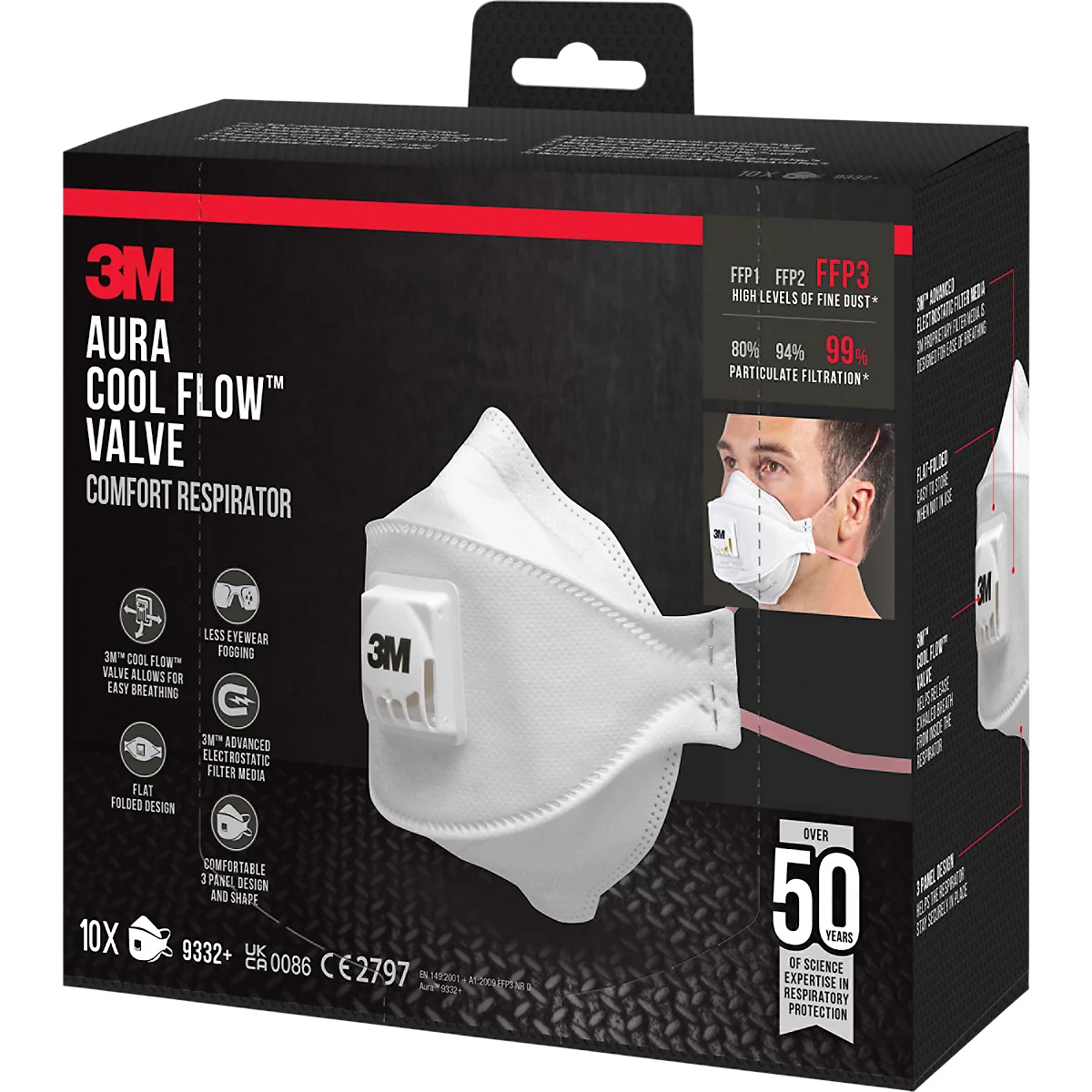 Masque de protection respiratoire 3M Aura Cool Flow 9332+, à usage unique, type masque à particules FFP3, EN 149:2001 + A1:2009, avec valve, polypropylène, blanc, 10 pièces