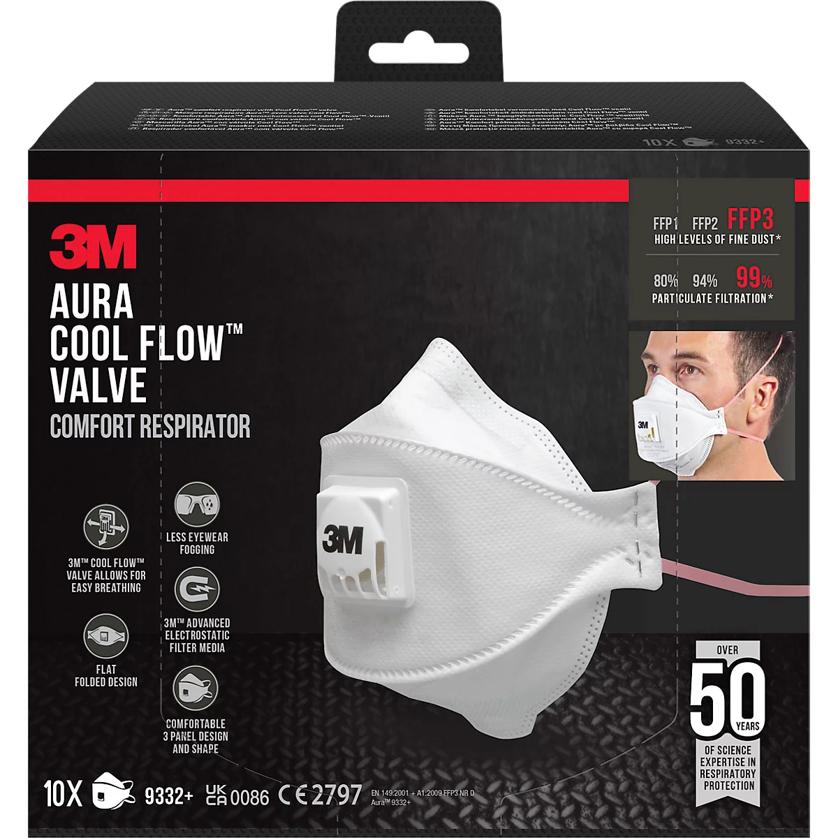 Masque de protection respiratoire 3M Aura Cool Flow 9332+, à usage unique, type masque à particules FFP3, EN 149:2001 + A1:2009, avec valve, polypropylène, blanc, 10 pièces