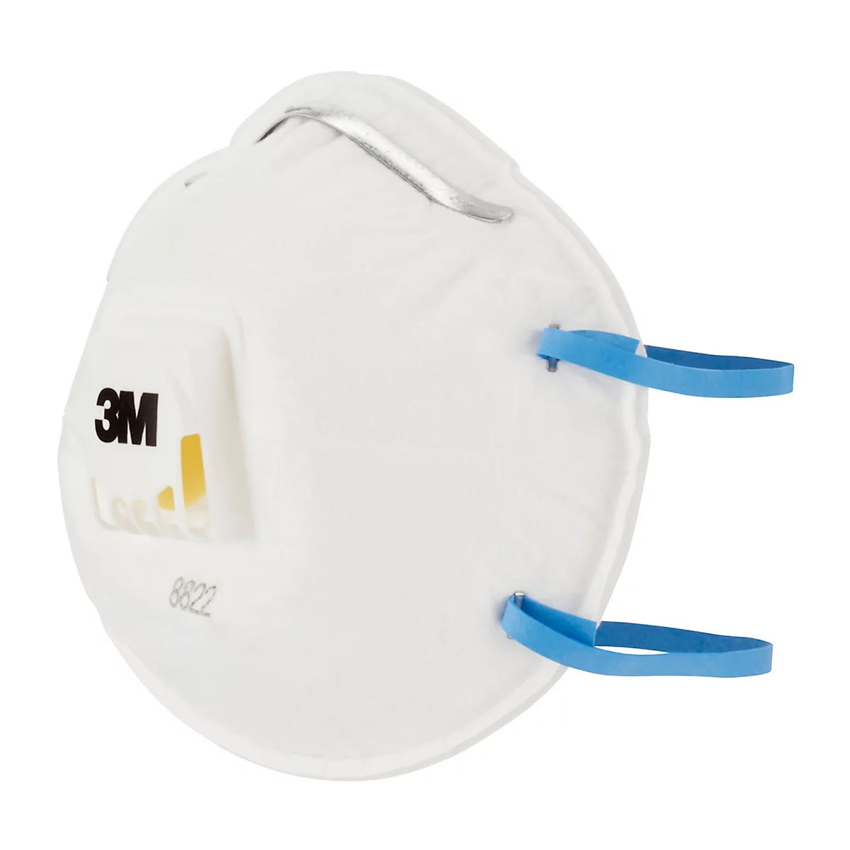 Masque respiratoire blanc 3M avec des élastiques bleus. Le logo 3M et l'inscription 8822 sont visibles sur le masque.