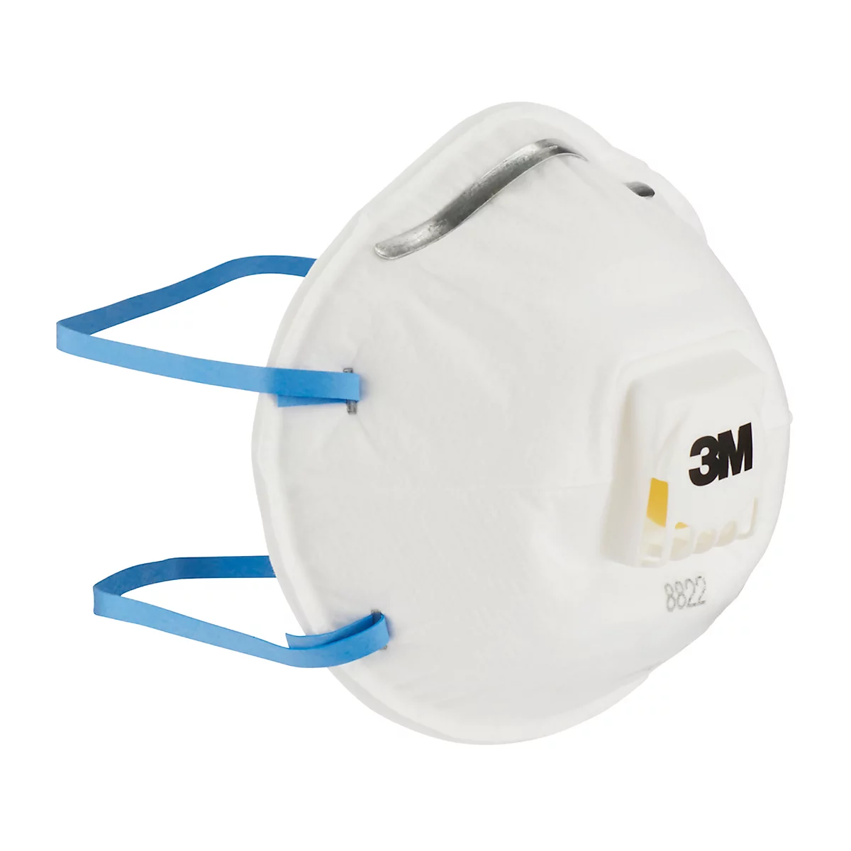 Un respirateur 3M blanc dans son emballage, montrant un homme le portant, avec des étiquettes de produit et des détails techniques.