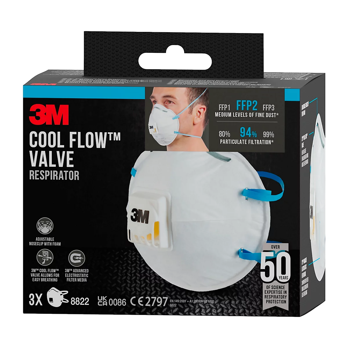 Masque respiratoire blanc avec des élastiques bleus et le logo 3M.