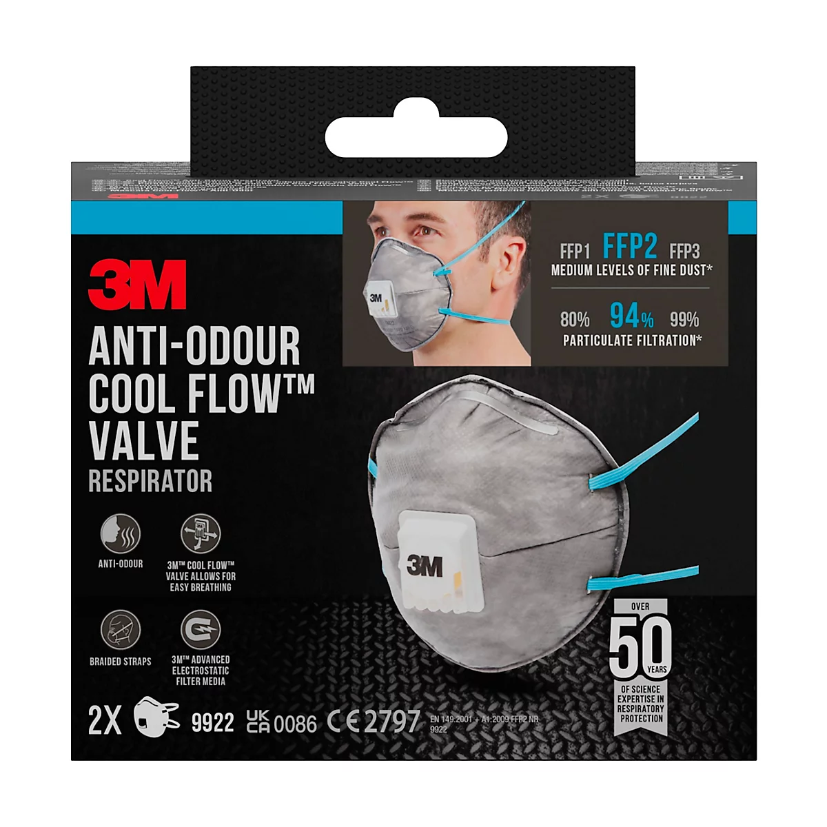 Boîte de respirateur 3M anti-odeurs. Imprimé: FFP2, 94% filtration des particules. Masque gris, sangles bleues.