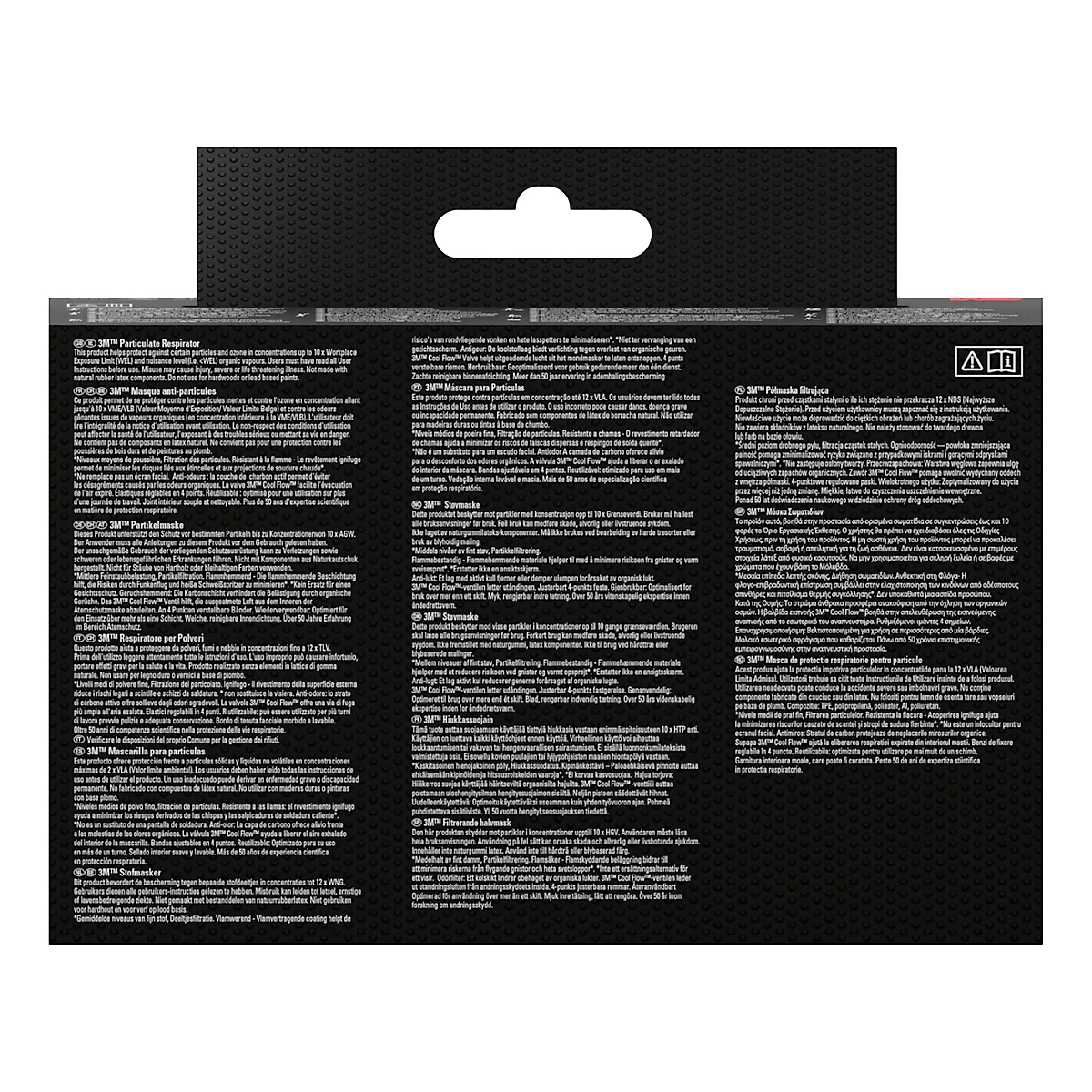 Emballage de produit noir avec texte blanc. Boucle de suspension sur le bord supérieur. Texte en différentes langues.
