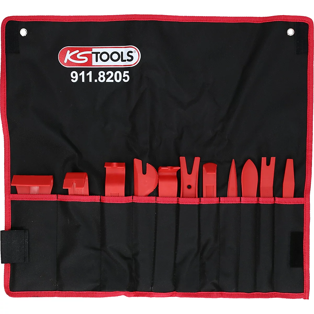 Schwarzes Werkzeug-Set mit roten Kunststoffwerkzeugen und KS TOOLS Logo.