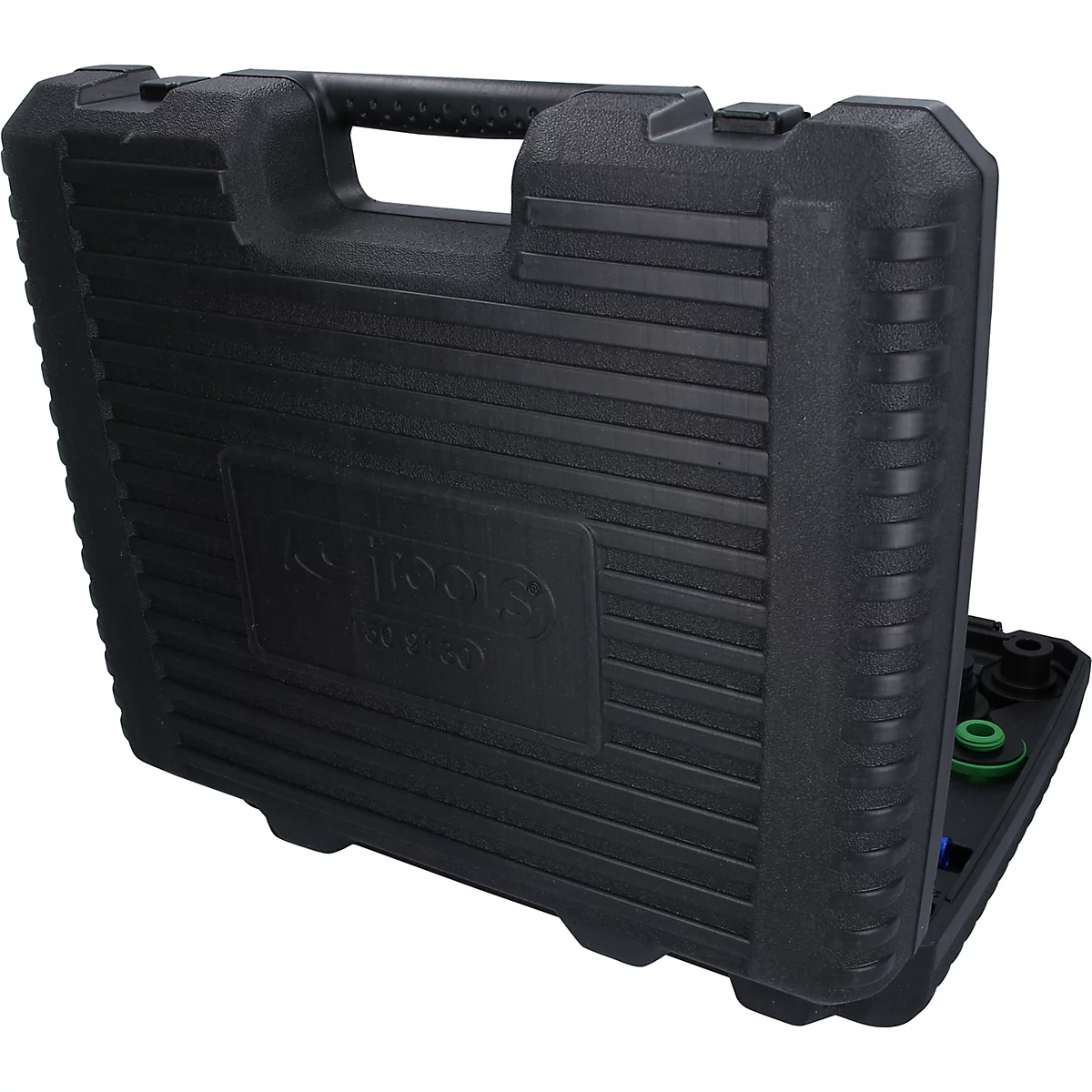 Schwarzer Werkzeugkoffer mit Griff und teilweise geöffnetem Deckel, Innenleben mit Teilen. KTOOLS Logo.