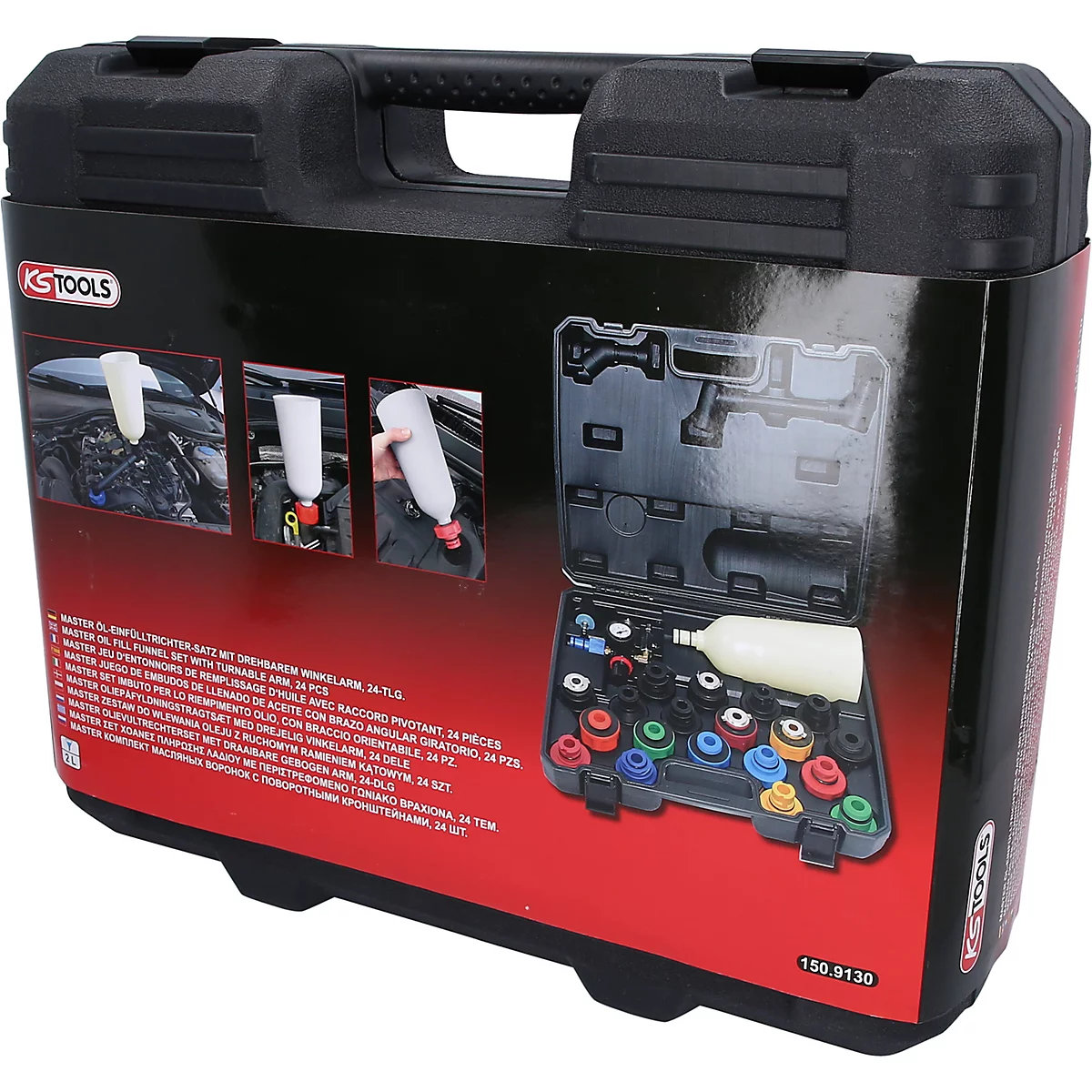 Schwarzer Werkzeugkoffer mit Werkzeug, Produktabbildung mit Beispielen zur Anwendung.