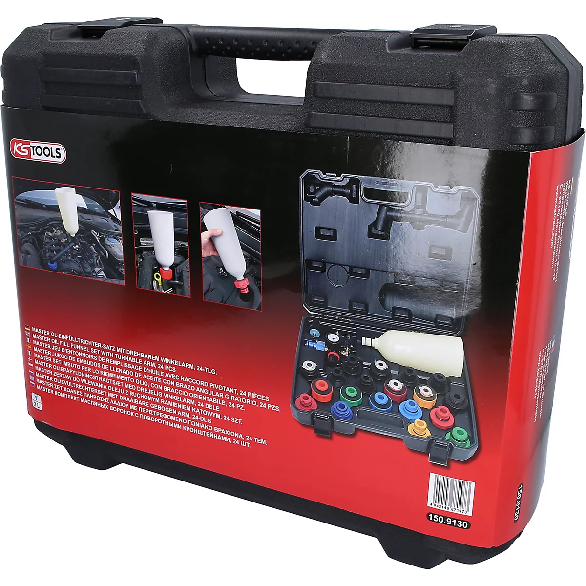 Schwarzer Werkzeugkoffer mit Deckel, enthält verschiedene farbige Aufsätze und einen Trichter. Aufdruck "KS TOOLS".