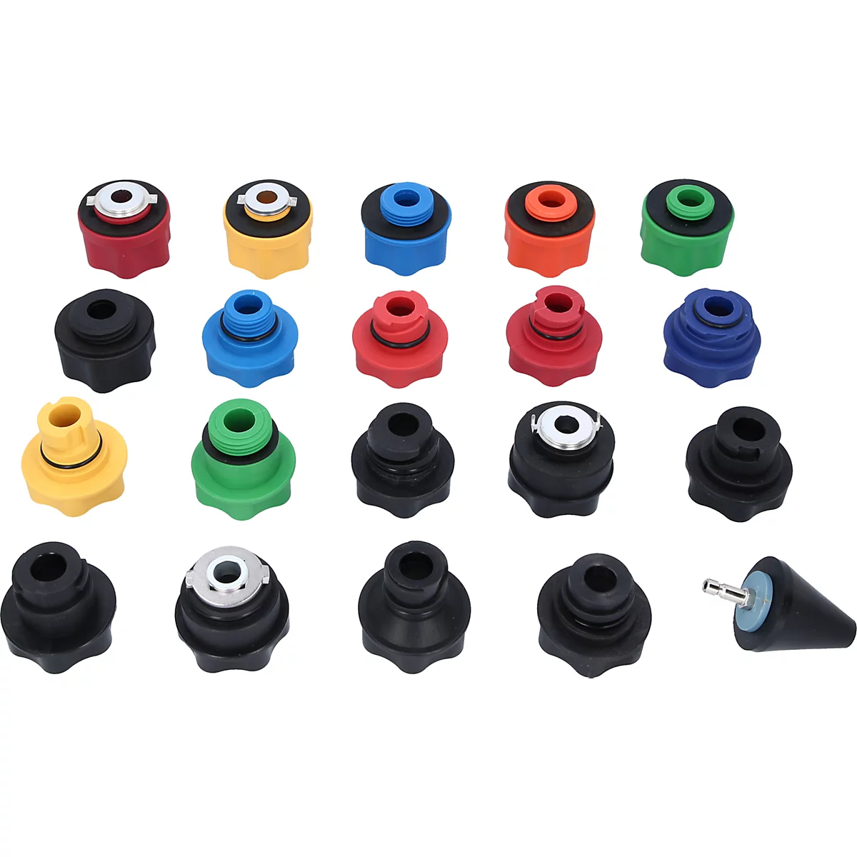 Eine Ansammlung von farbigen Adaptern, in verschiedenen Formen und Farben, für den Einsatz in Werkstätten.