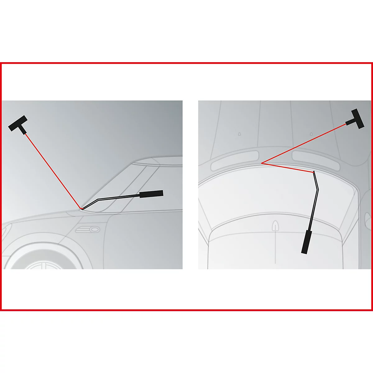 Zwei Abbildungen eines Autos, das mit einer roten Linie und Werkzeugstrichen versehen ist, die die Anwendung anzeigen.