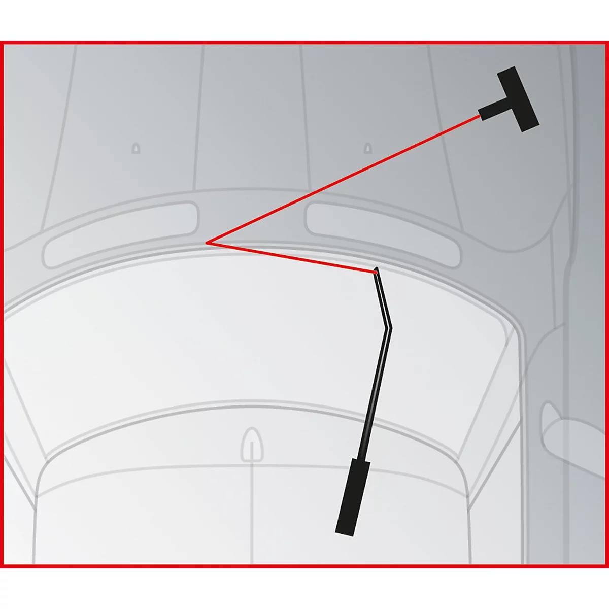 Schwarz-rotes Diagramm. Gezeichnetes Autoteil, roter Linie und schwarzem Werkzeug.