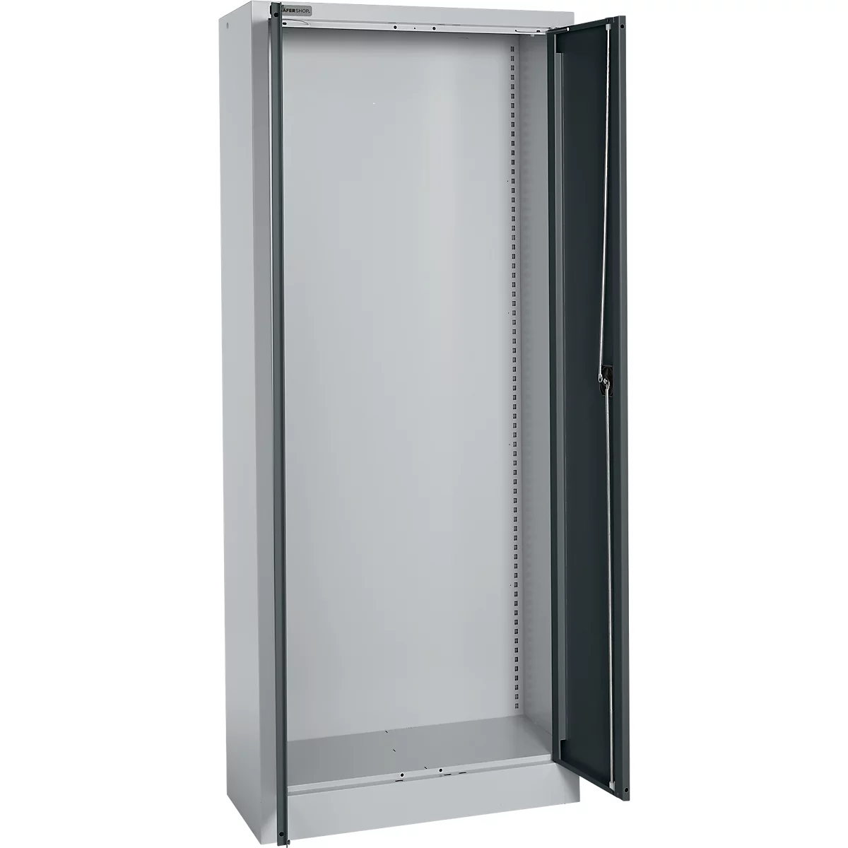 Open, lege metalen kast met één deur, lichtgrijs met een donkerder frame.