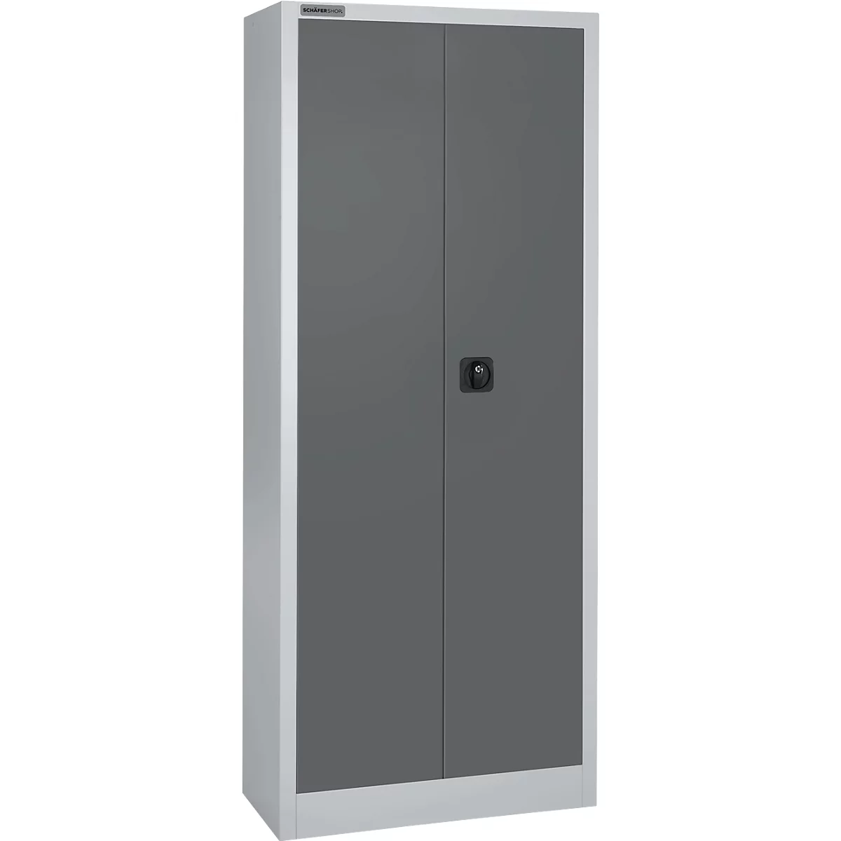 Een grijze metalen kast met twee deuren en een zwarte handgreep. De zijkanten zijn wit.