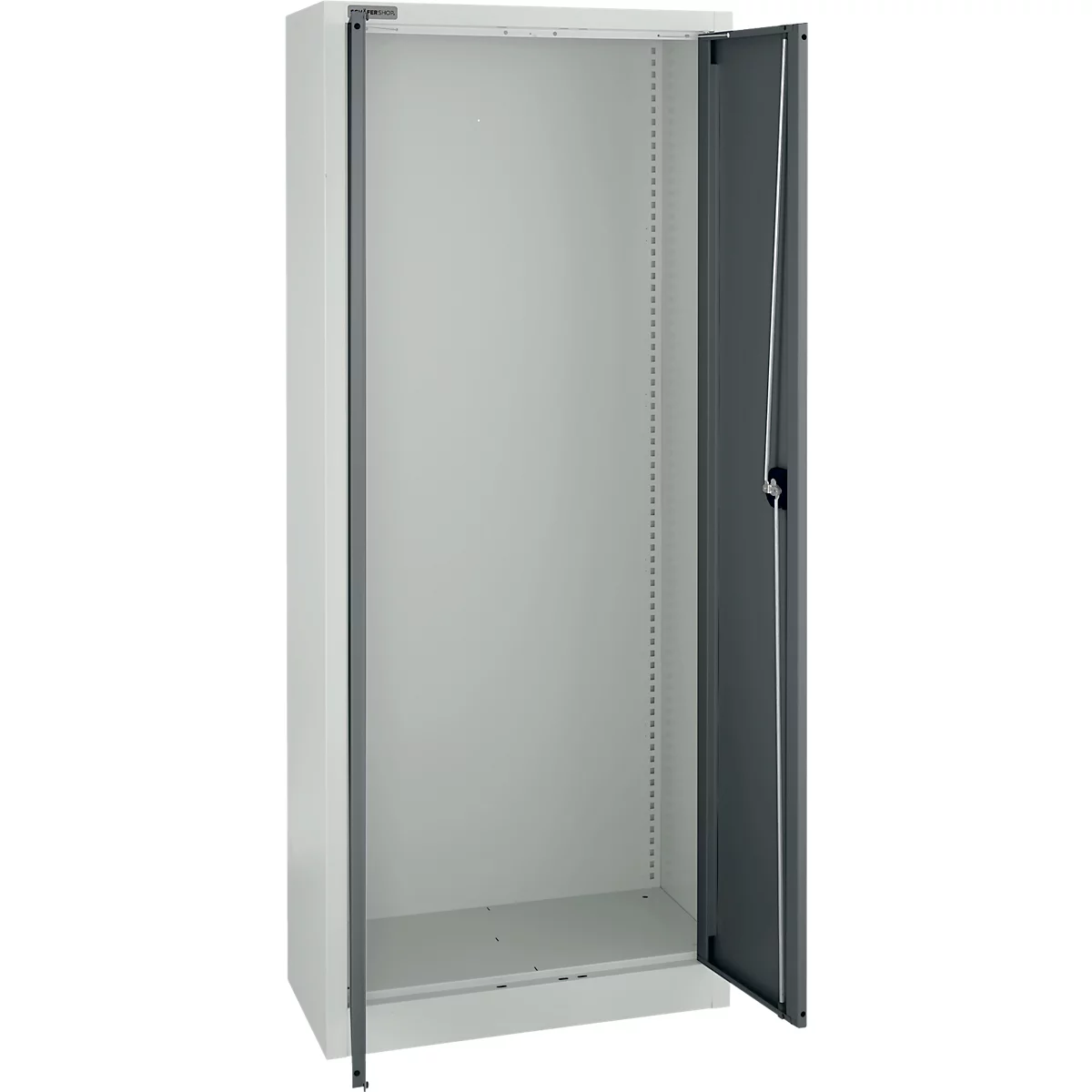 Open stalen kast, grijze behuizing, grijze deuren. De kast is leeg.