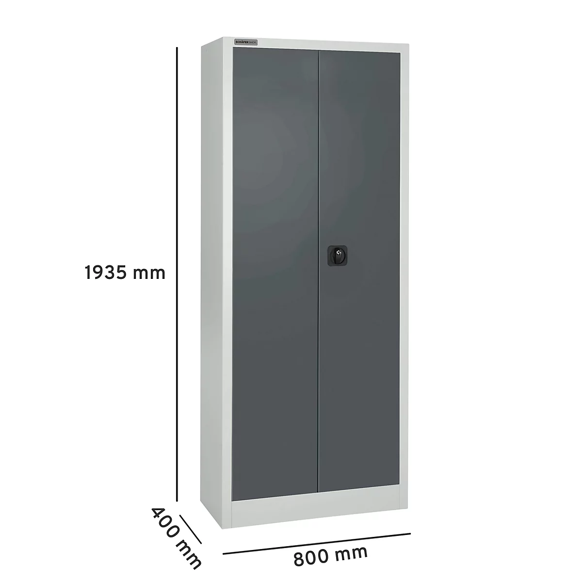Grijze hoge stalen kast met dubbele deuren. Afmetingen: 1935 x 800 x 400 mm.