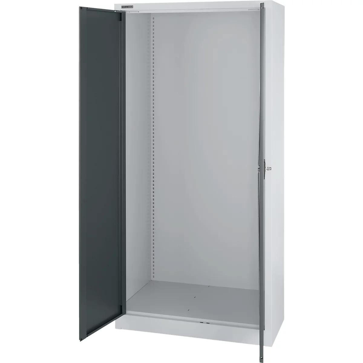 Witte stalen kast met open deuren. Eén plank is zichtbaar.