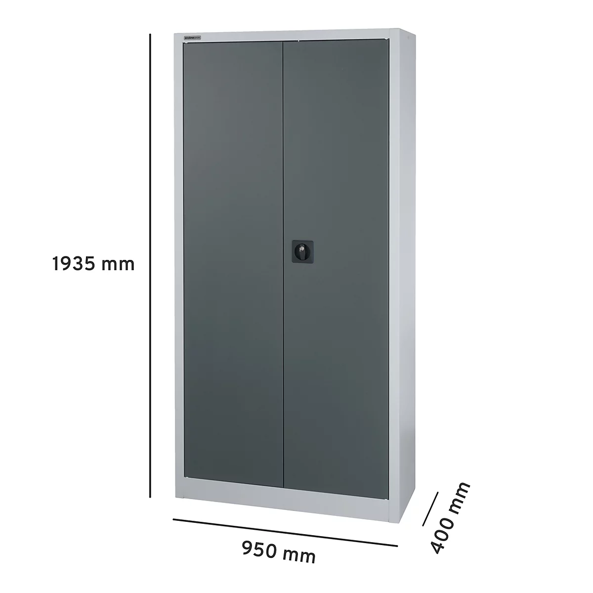Grijze, hoge stalen kast met dubbele deuren en handgreep. De afmetingen staan vermeld: 1935 x 950 x 400 mm.