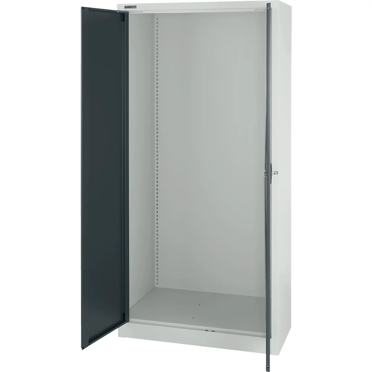 Open witte archiefkast met grijze deur; leeg.