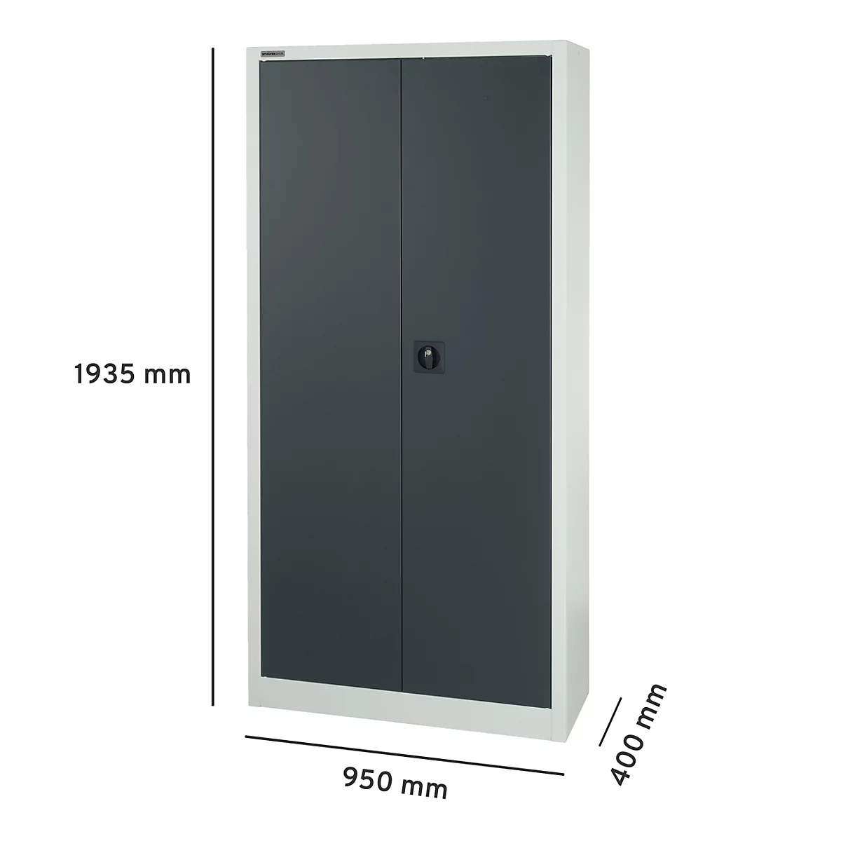 Grijze dubbele stalen kast met witte frames. Afmetingen: 1935 mm hoog, 950 mm breed, 400 mm diep. Zwarte handgreep in het midden.