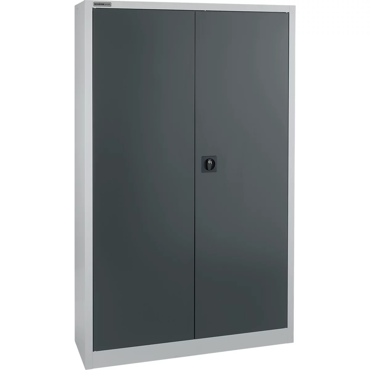 Grijze metalen kast met twee deuren, een handgreep en een wit frame.