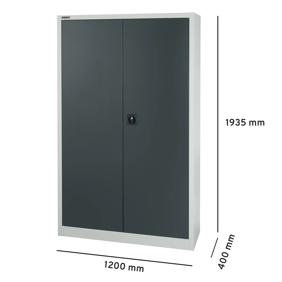 Grijze stalen kast met dubbele deuren en handvat. Afmetingen: 1935 mm hoog, 1200 mm breed, 400 mm diep.