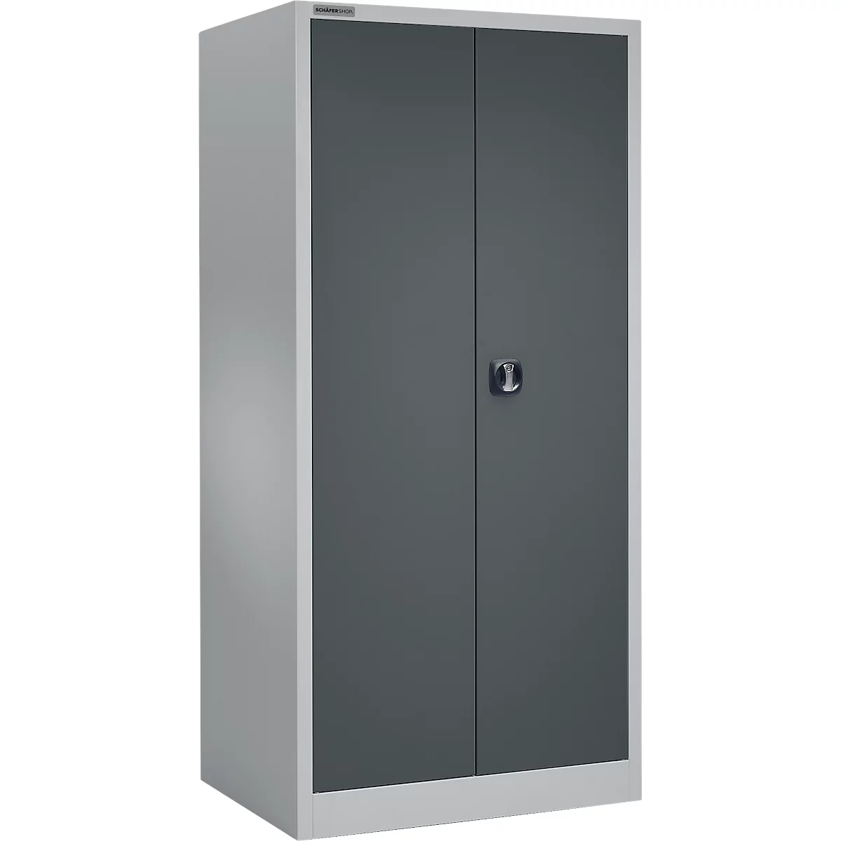 Grijze metalen kast met twee deuren, handvat en grijs frame. Een productfoto op een witte achtergrond.