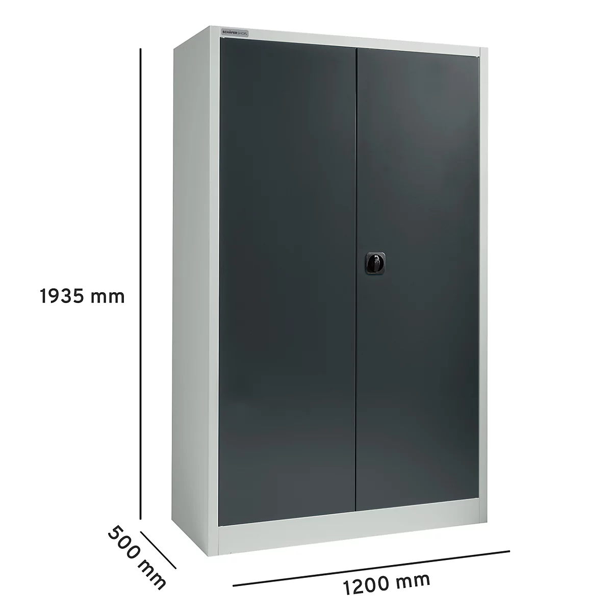 Grijze stalen kast met twee deuren, 1935 mm hoog, 500 mm diep en 1200 mm breed.