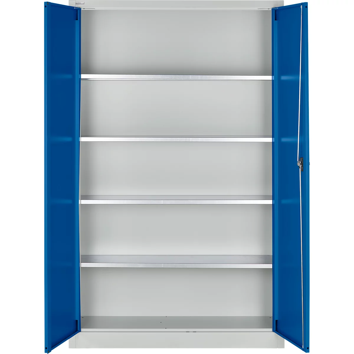 Open stalen kast met blauwe deuren, vijf planken. Er staan geen objecten in de kast.