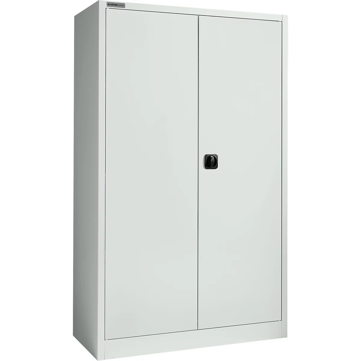 Een witte stalen kast met twee deuren en een zwarte handgreep.