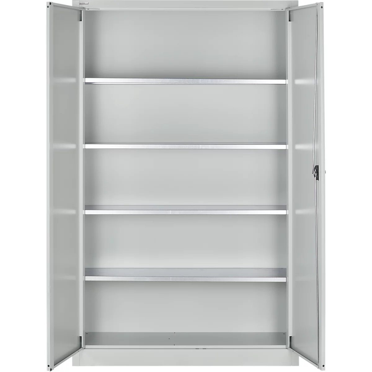 Een open grijze metalen kast met vier planken. Deuren zijn open.