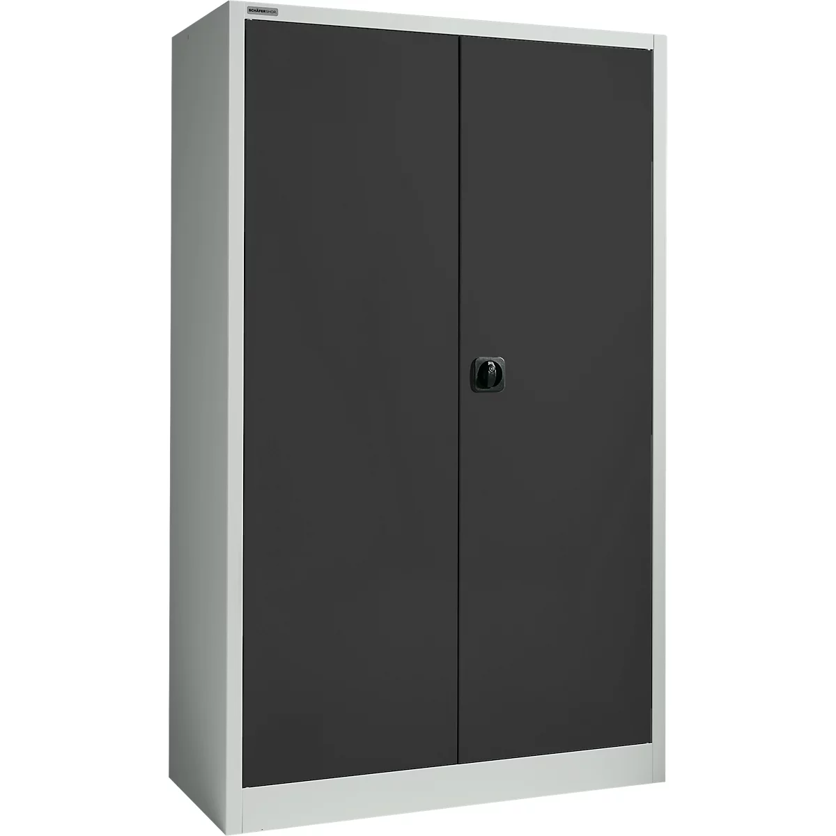 Grijze en lichtgrijze kast met twee deuren. Zwarte handgreep. Neutrale achtergrond.