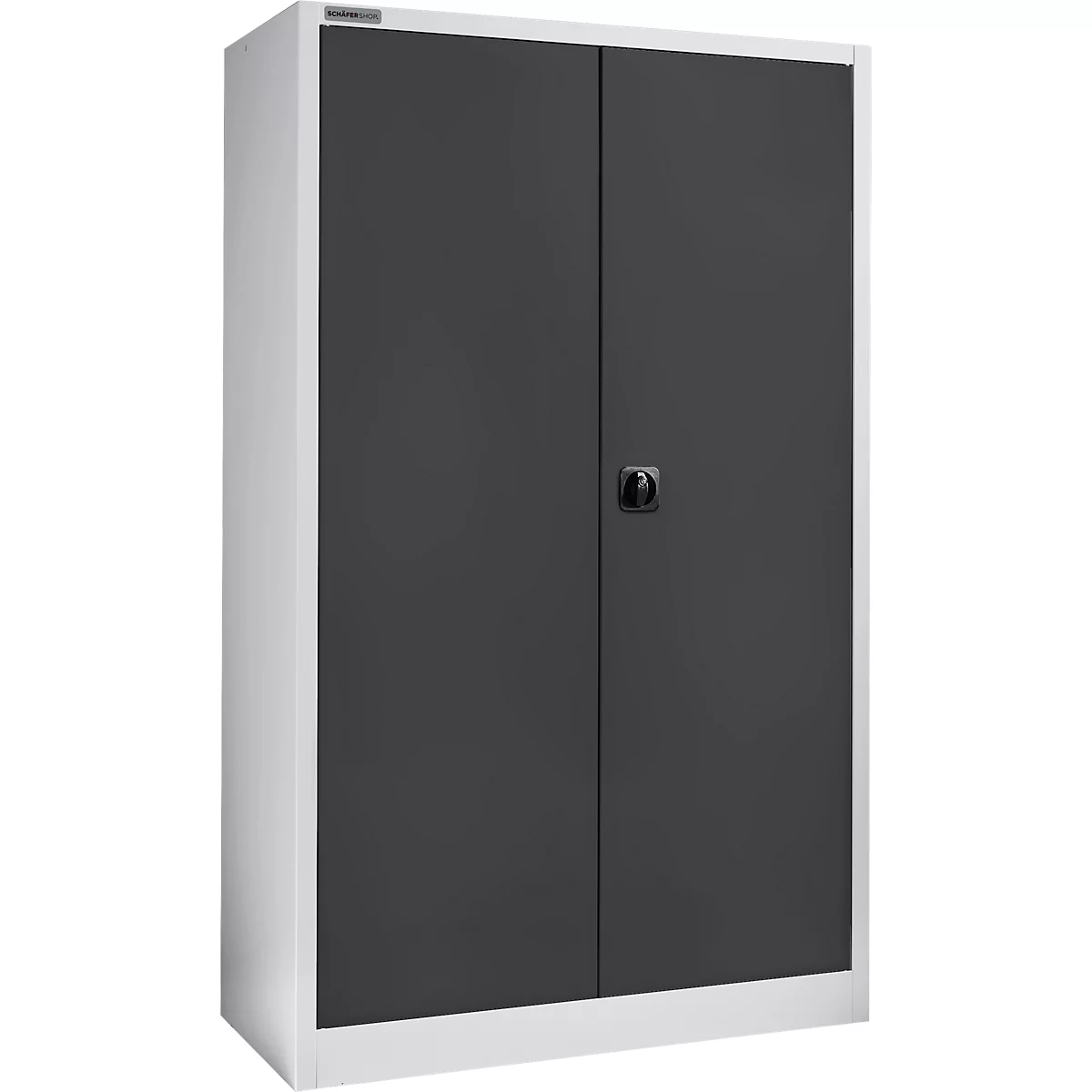 Grijze dubbele archiefkast met een zwarte handgreep en wit frame.