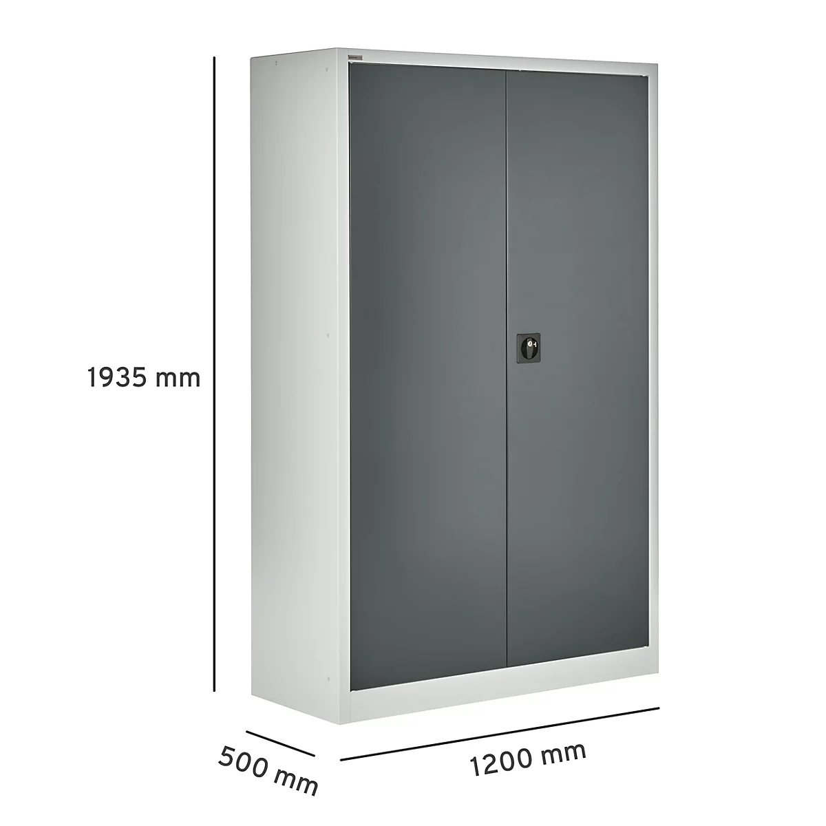 Een grijze stalen kast met twee deuren, met afmetingen.