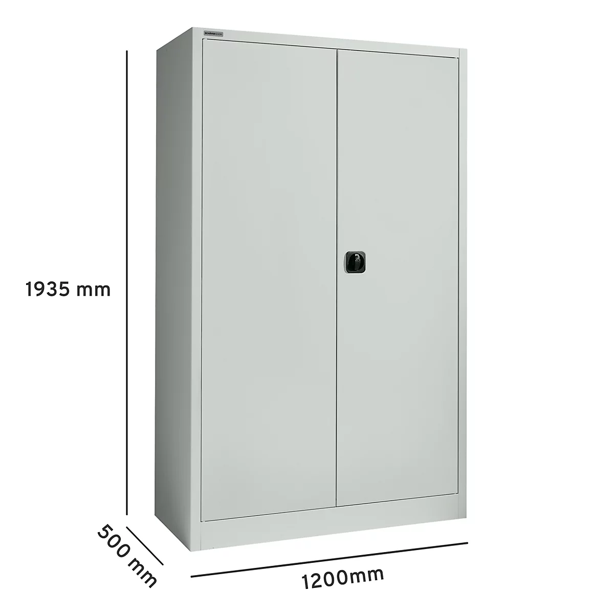 Een grijze stalen kast met twee deuren. De afmetingen zijn: 1935mm hoog, 500mm diep en 1200mm breed.
