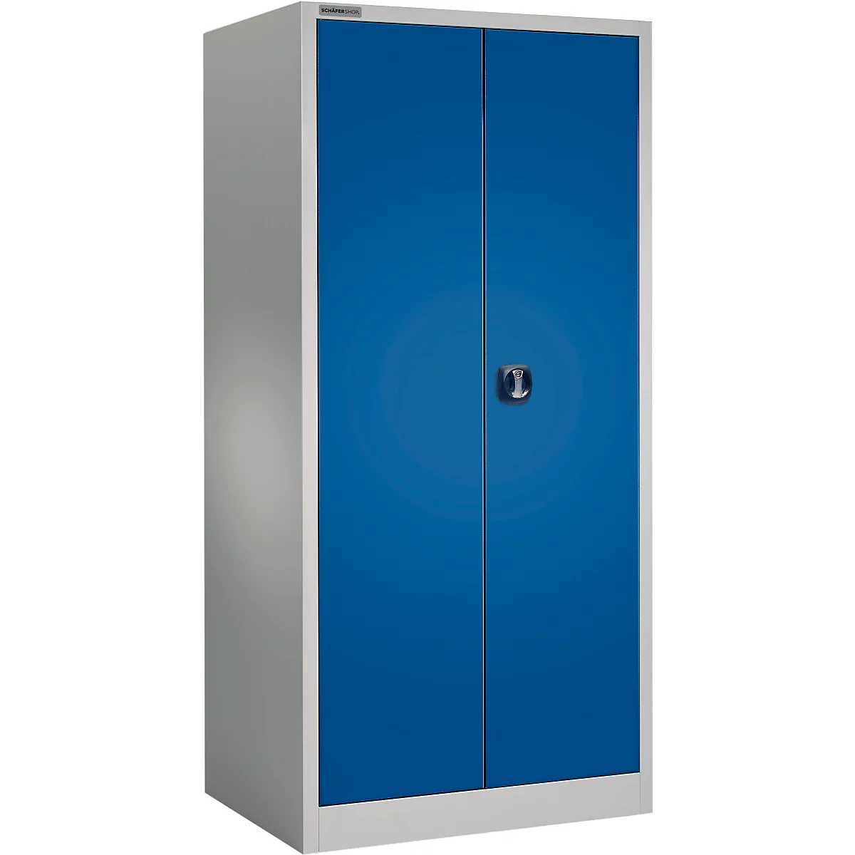 Metalen kast met blauwe deuren en een zilverkleurig frame. De kast heeft twee deuren met een kleine zwarte handgreep.