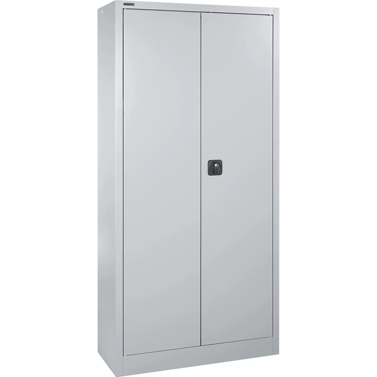 Een grijze metalen kast met twee vleugeldeuren en een centrale zwarte draaisluiting.
