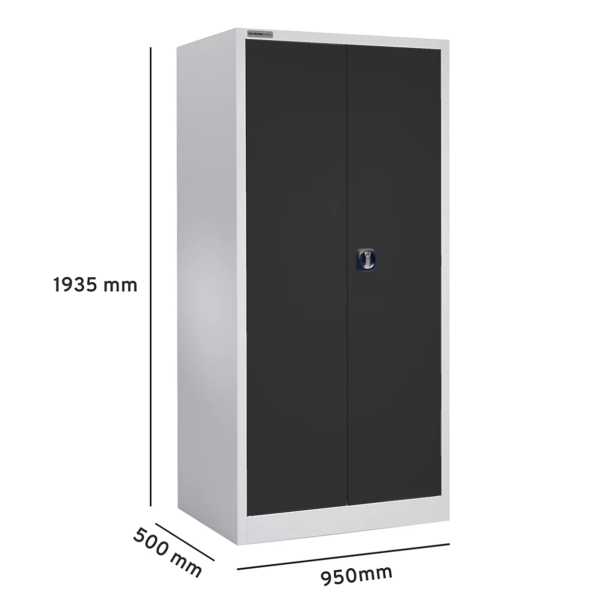 Grote, stalen kast met twee deuren in grijs en zwart. Afmetingen zijn aangegeven. Handvat in het midden.