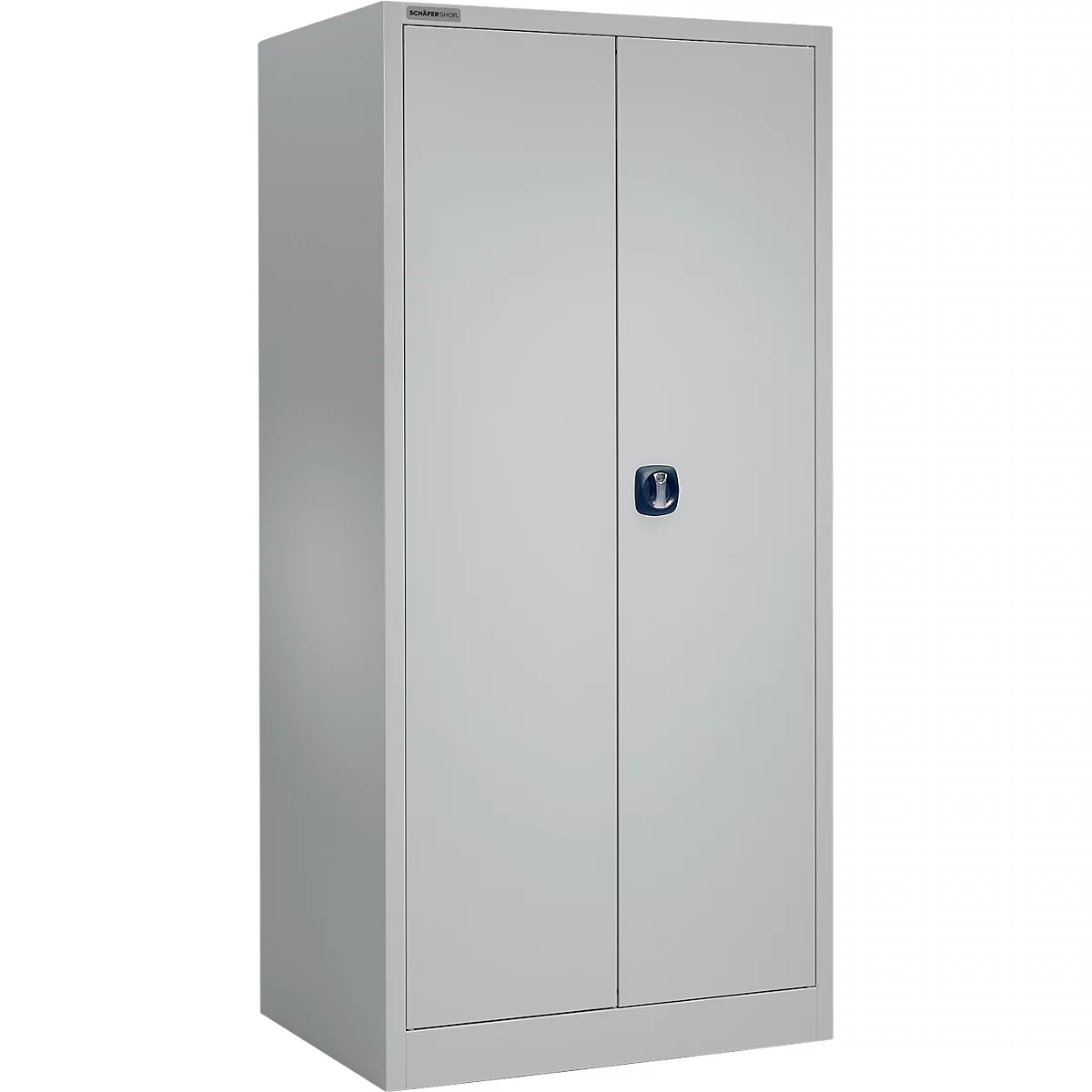 Grijze metalen kast met twee deuren, een handvat en een klein bordje aan de bovenkant.