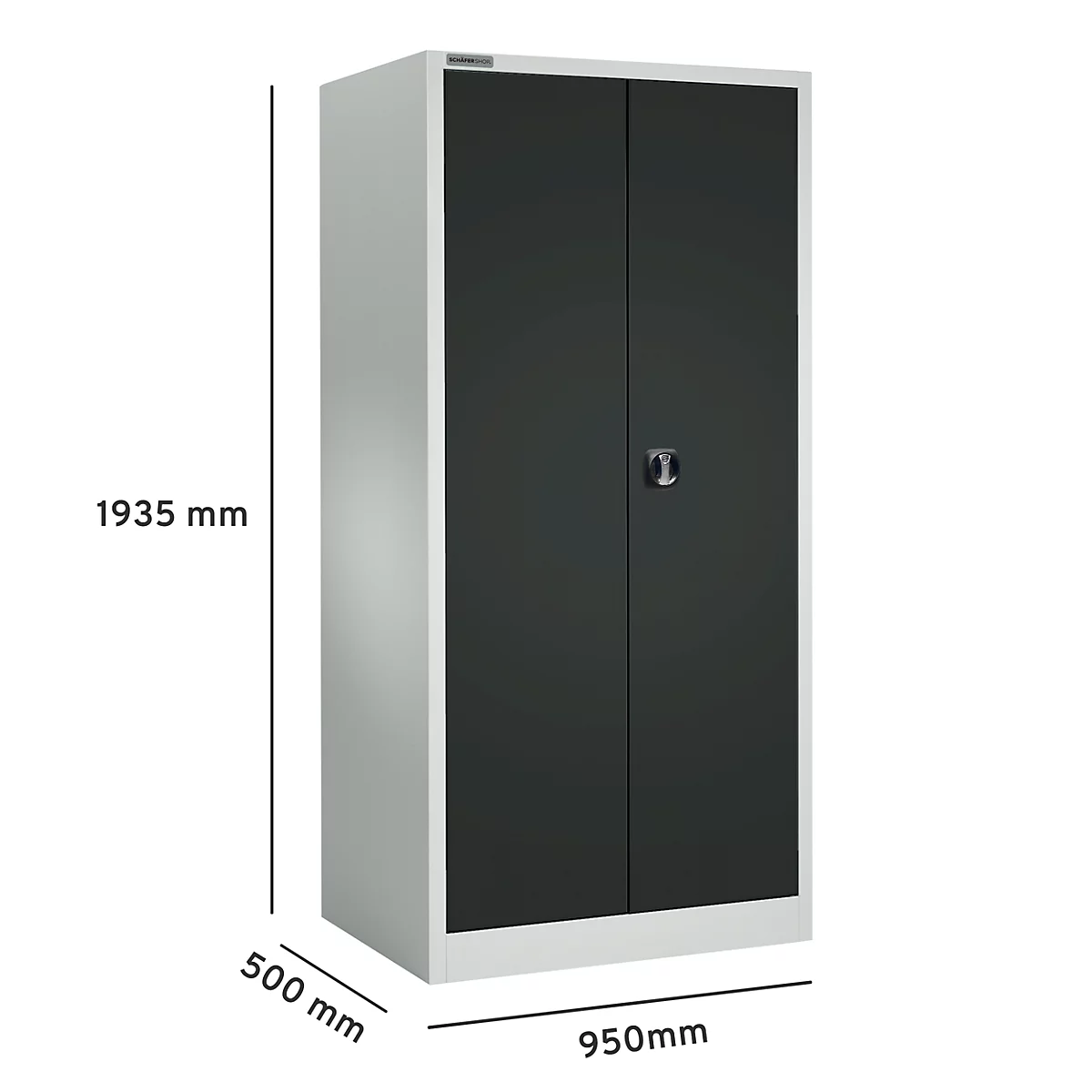Grijze stalen kast met twee deuren en zwarte deuren. Afmetingen: 1935 mm hoog, 950 mm breed, 500 mm diep. Handvat in het midden.