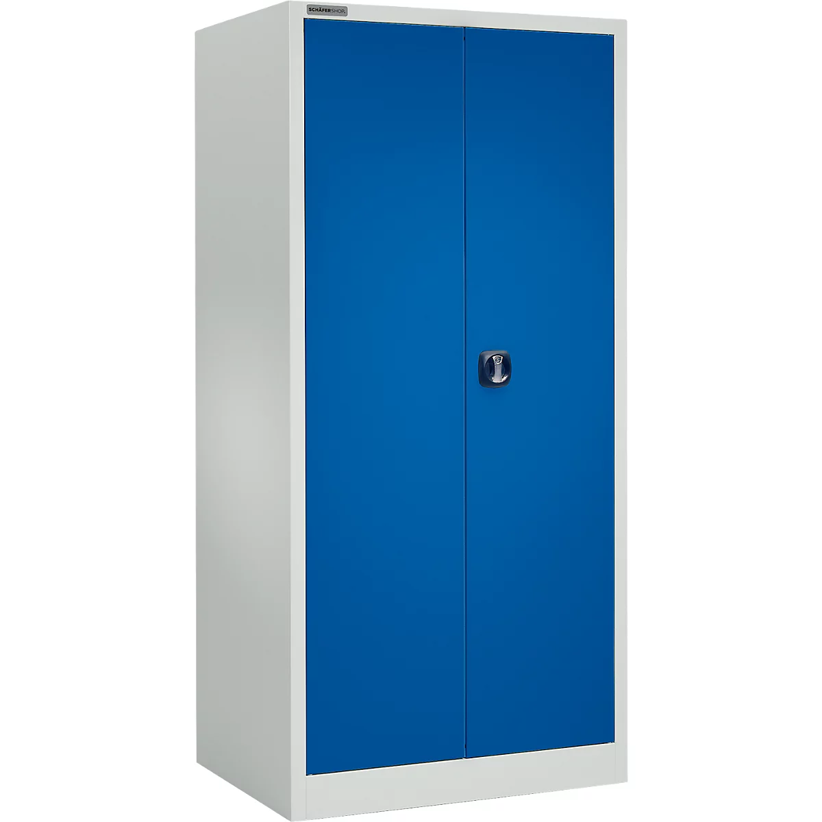 Blau stalen kast met twee deuren, wit frame en zilveren handvat.