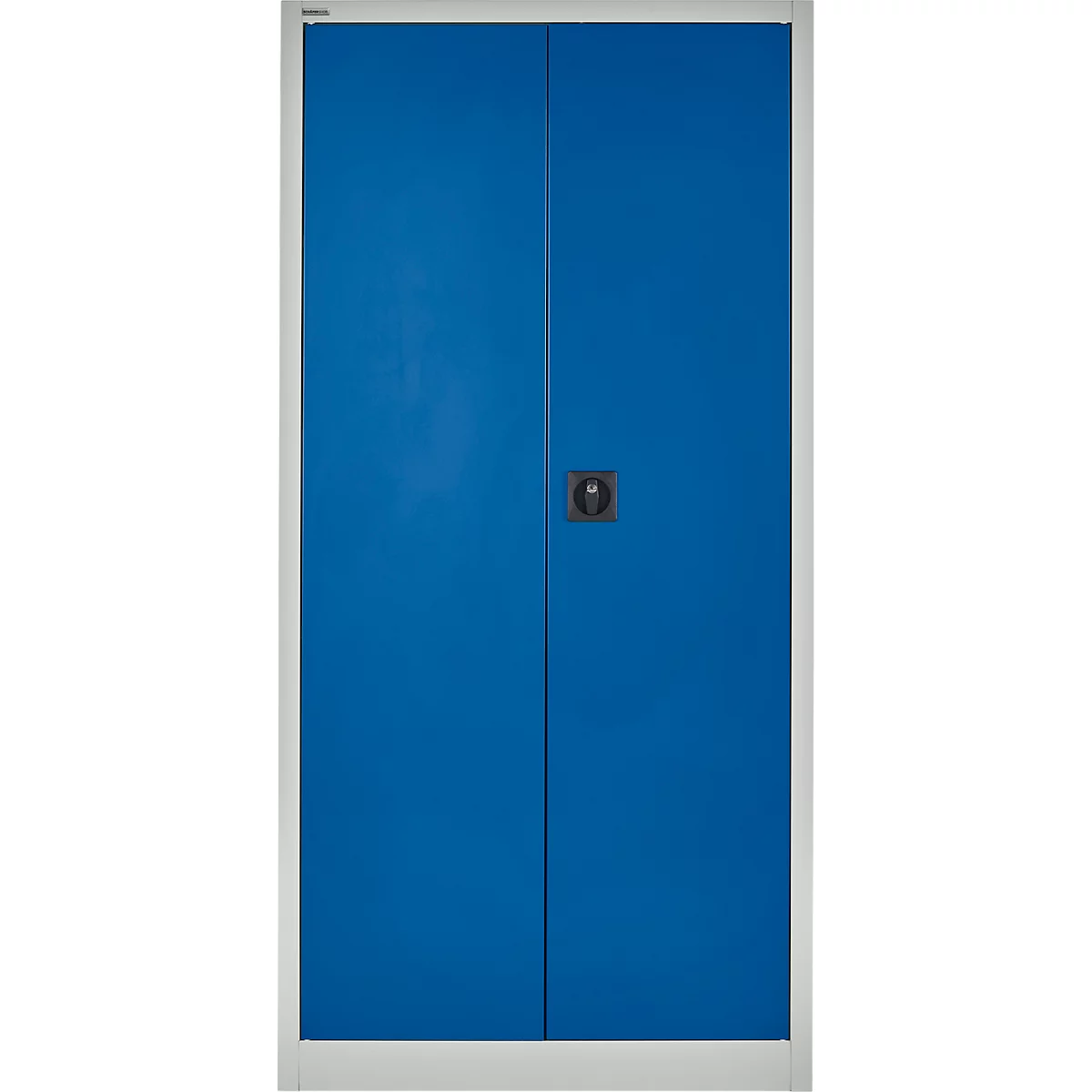 Blauwe kast met twee deuren en een zilveren frame. Een zwarte handgreep bevindt zich in het midden van de deuren.